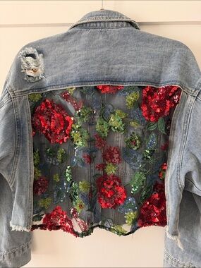 Blue Cropped Distressed Denim Jacket with Sequin Back